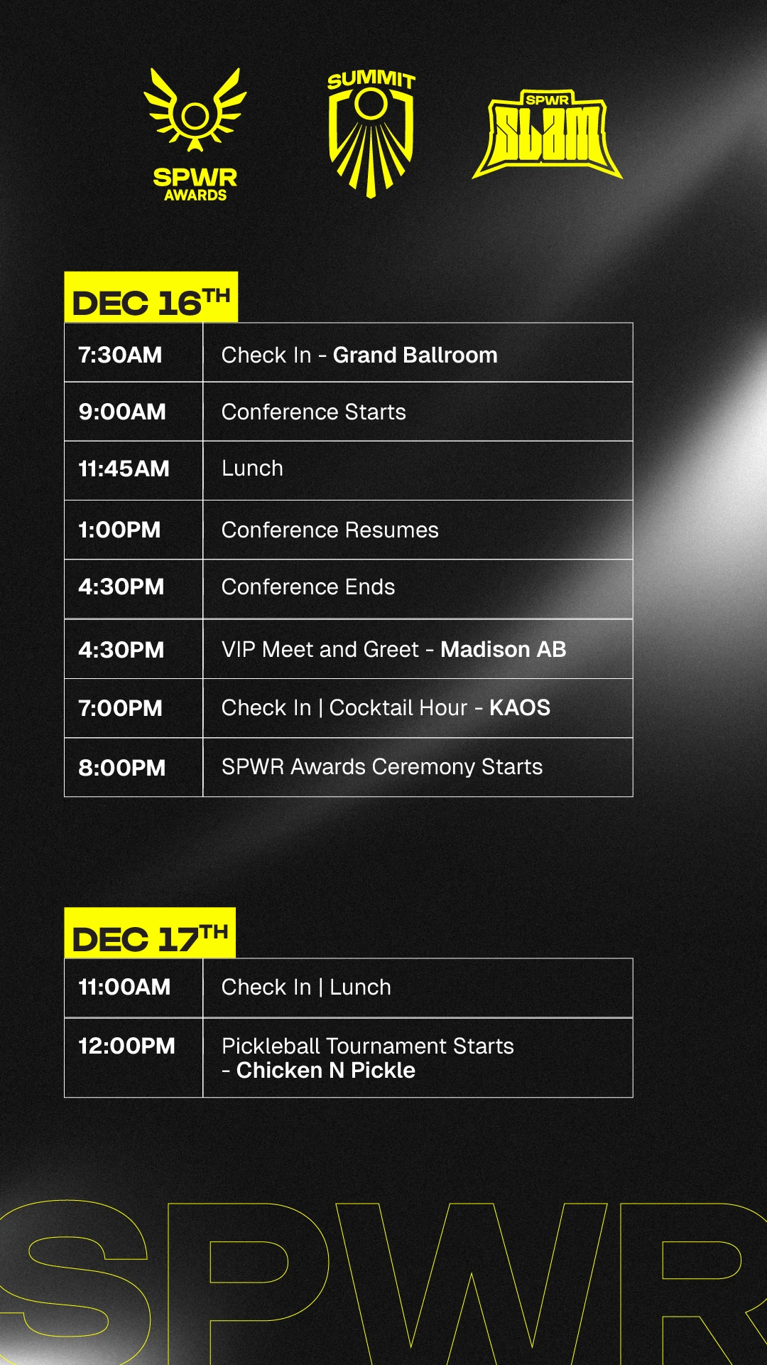 Two-day event itinerary using yellow date blocks, white typography and the Summit identity.