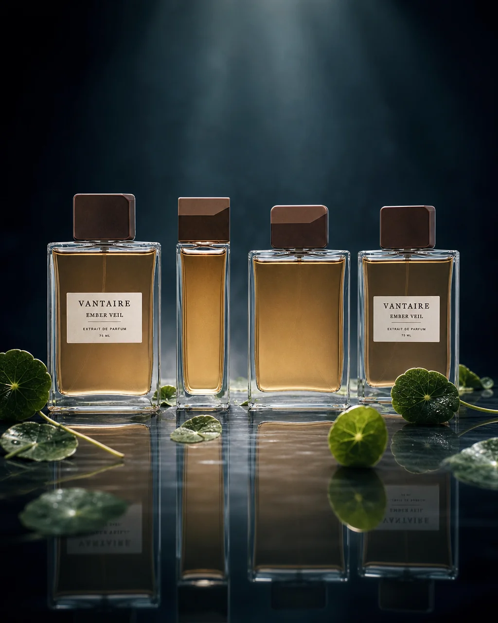 The EMBER VEIL range on a polished reflective surface with mirrored echoes.