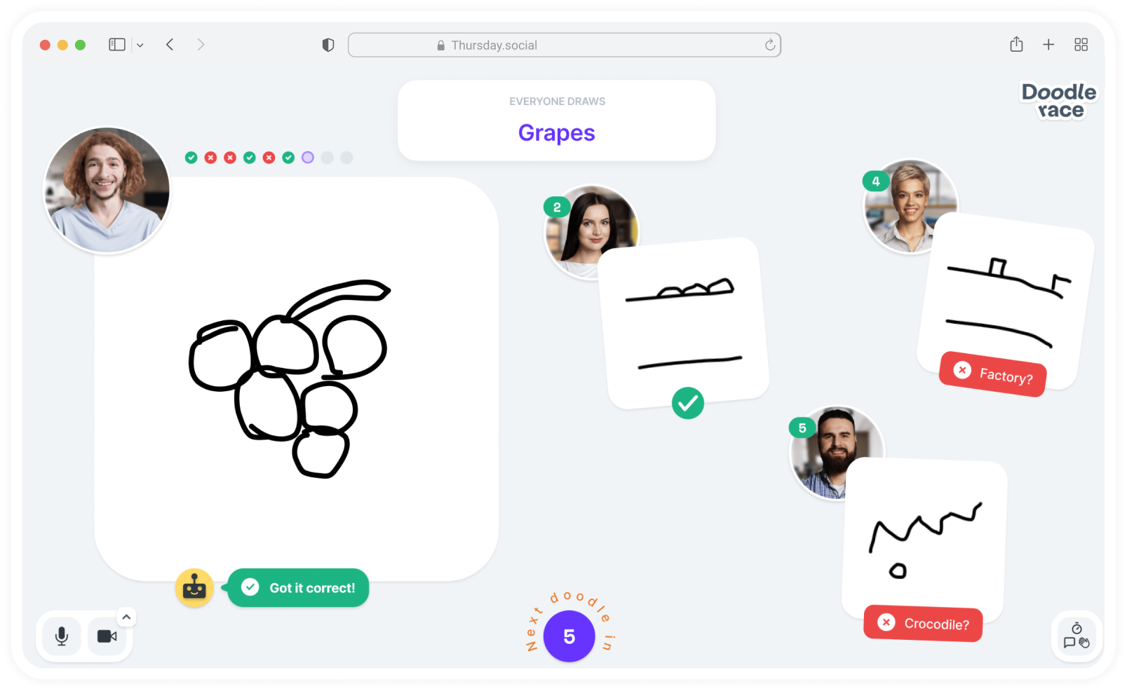 Doodle race: everyone draws ‘Grapes’. A big drawing of grapes marked ‘Got it correct!’, with other players’ doodles and guesses such as ‘Factory?’ and ‘Crocodile?’