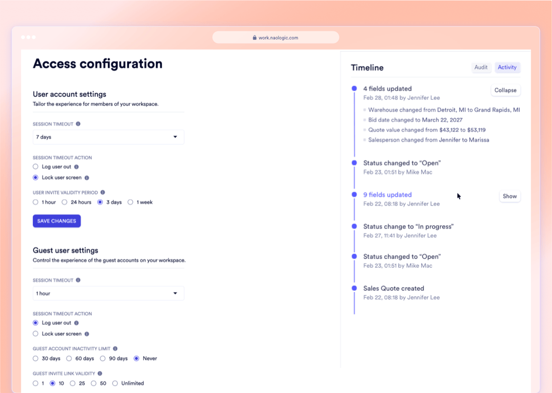 Naologic Security and Compliance settings panel