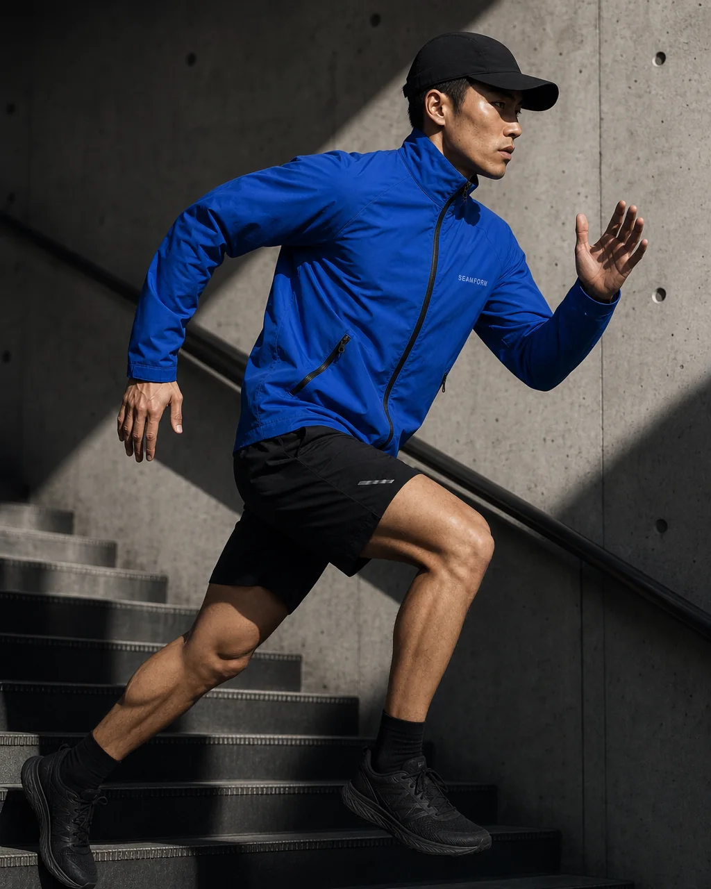 A runner sprinting up concrete steps in the SEAMFORM SF-01.