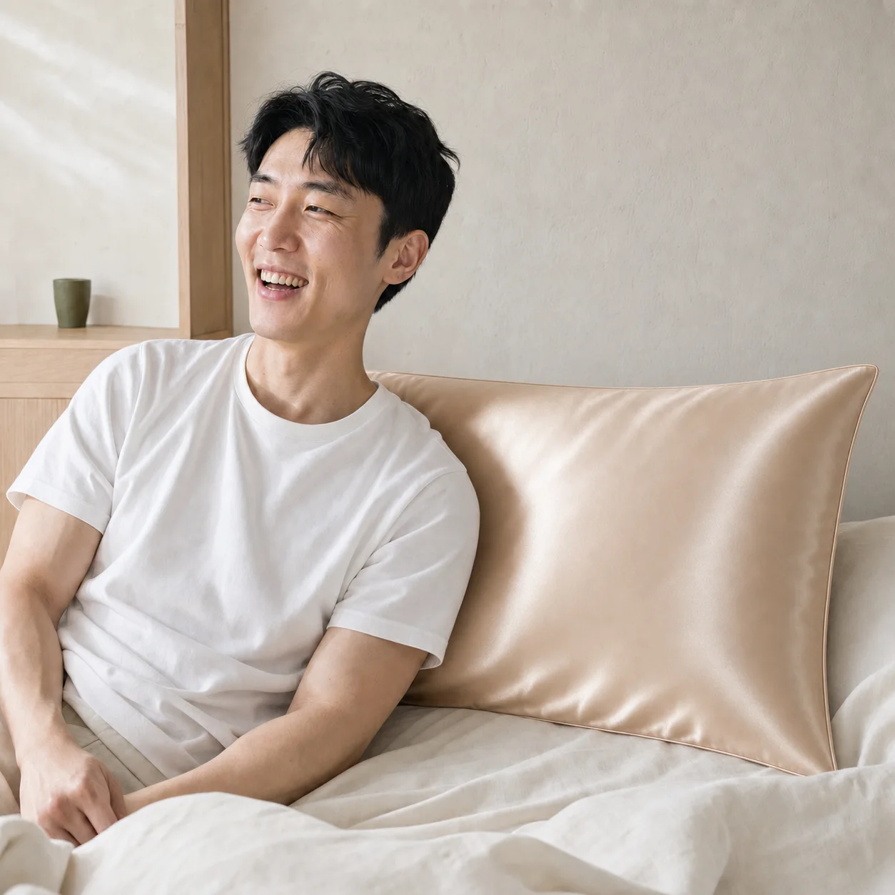 Jun laughing in morning light beside the Champagne pillowcase