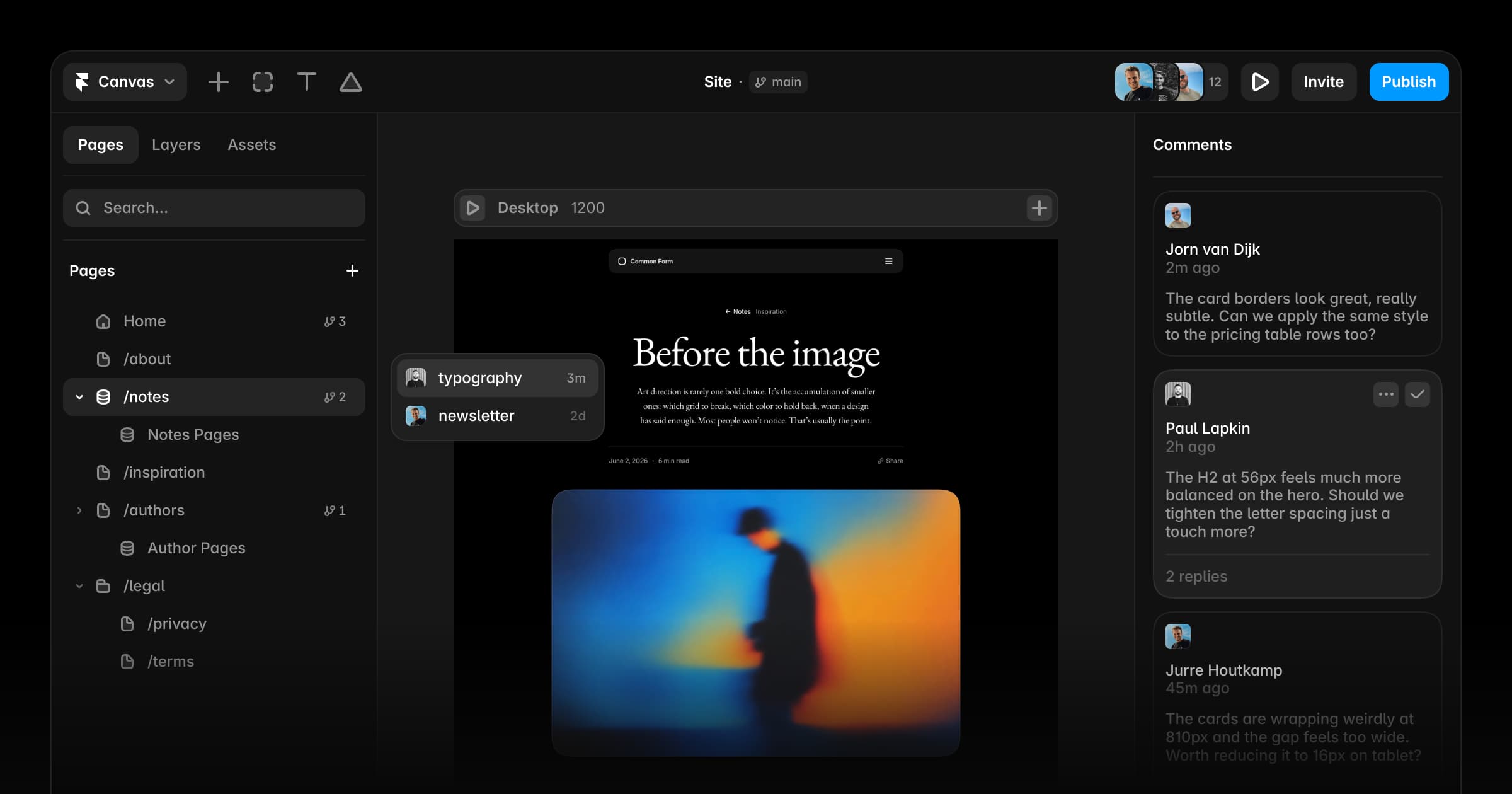 Framer 畫布顯示 Pages 面板、分支切換、以及右側協作留言串，多位團隊成員針對卡片邊框與 H2 字級即時討論