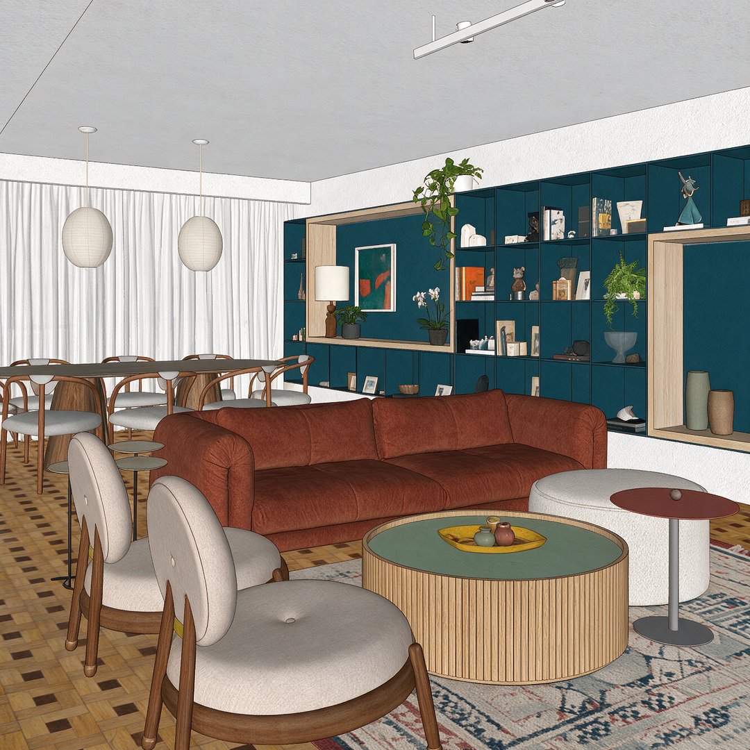 Print do SketchUp da mesma sala, sem render