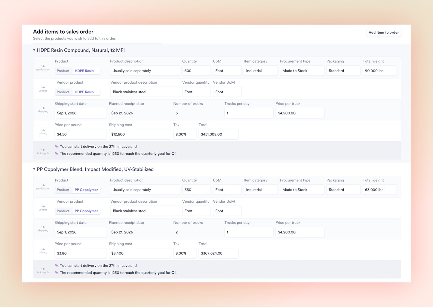 ales orderline with real-time inventory and capacity validation