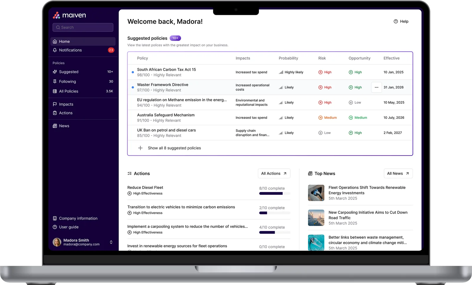 Maiven home dashboard in a laptop mockup