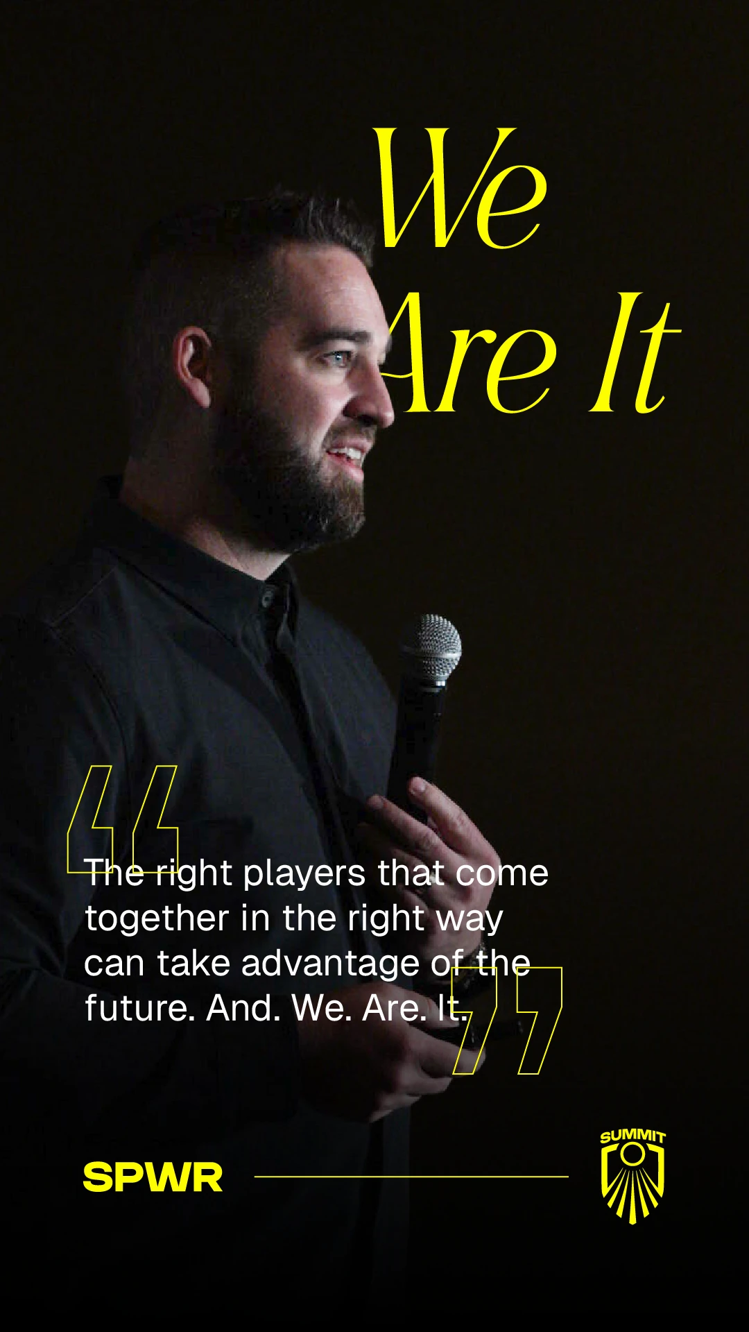 Speaker quote graphic using large yellow serif type, white supporting text and event photography.