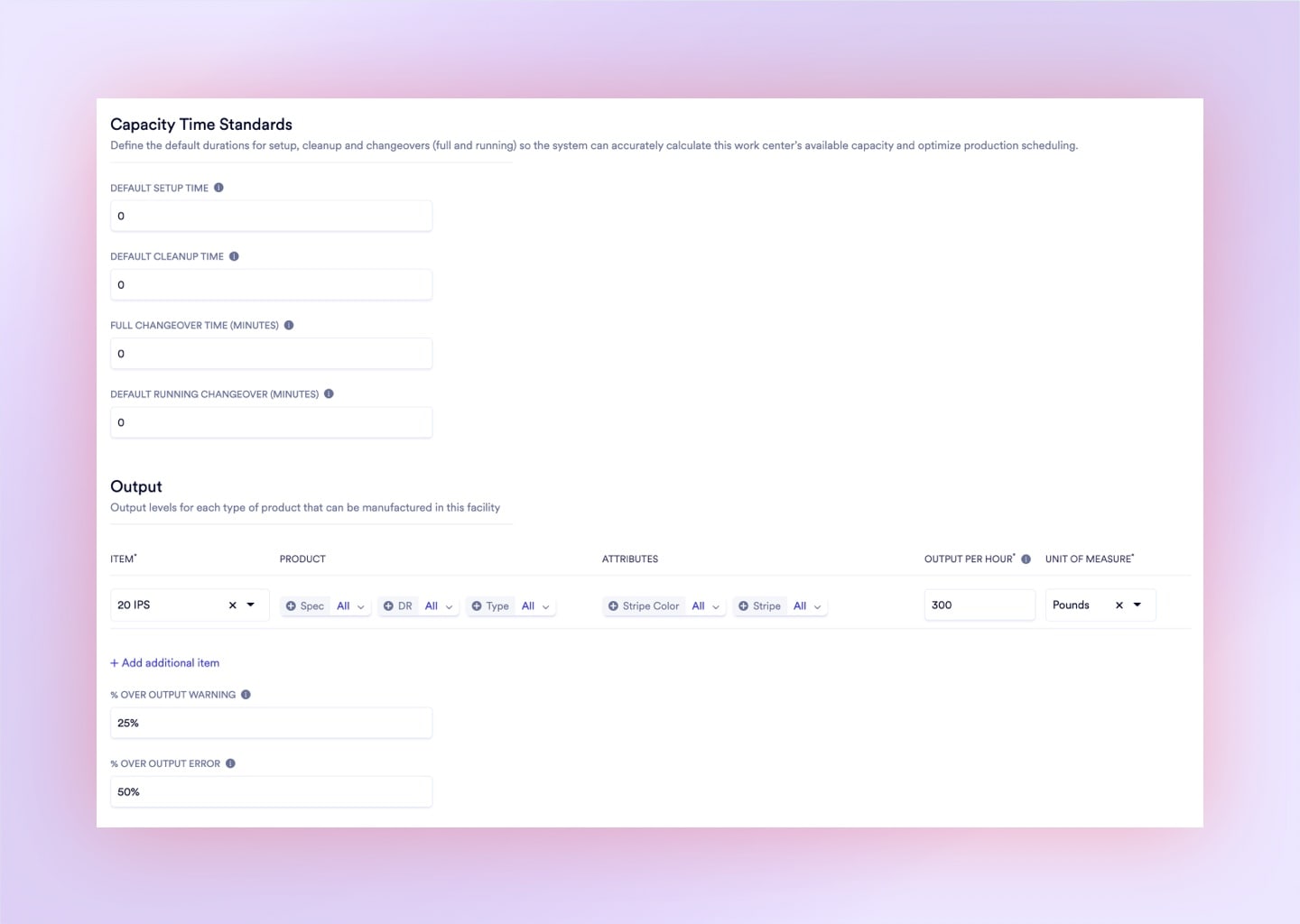 Work Center output level table showing product-specific rates per hour