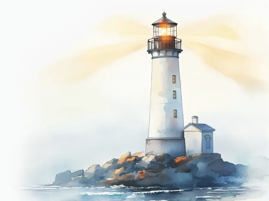 Outsetter watercolour illustration of a lighthouse on rocks
