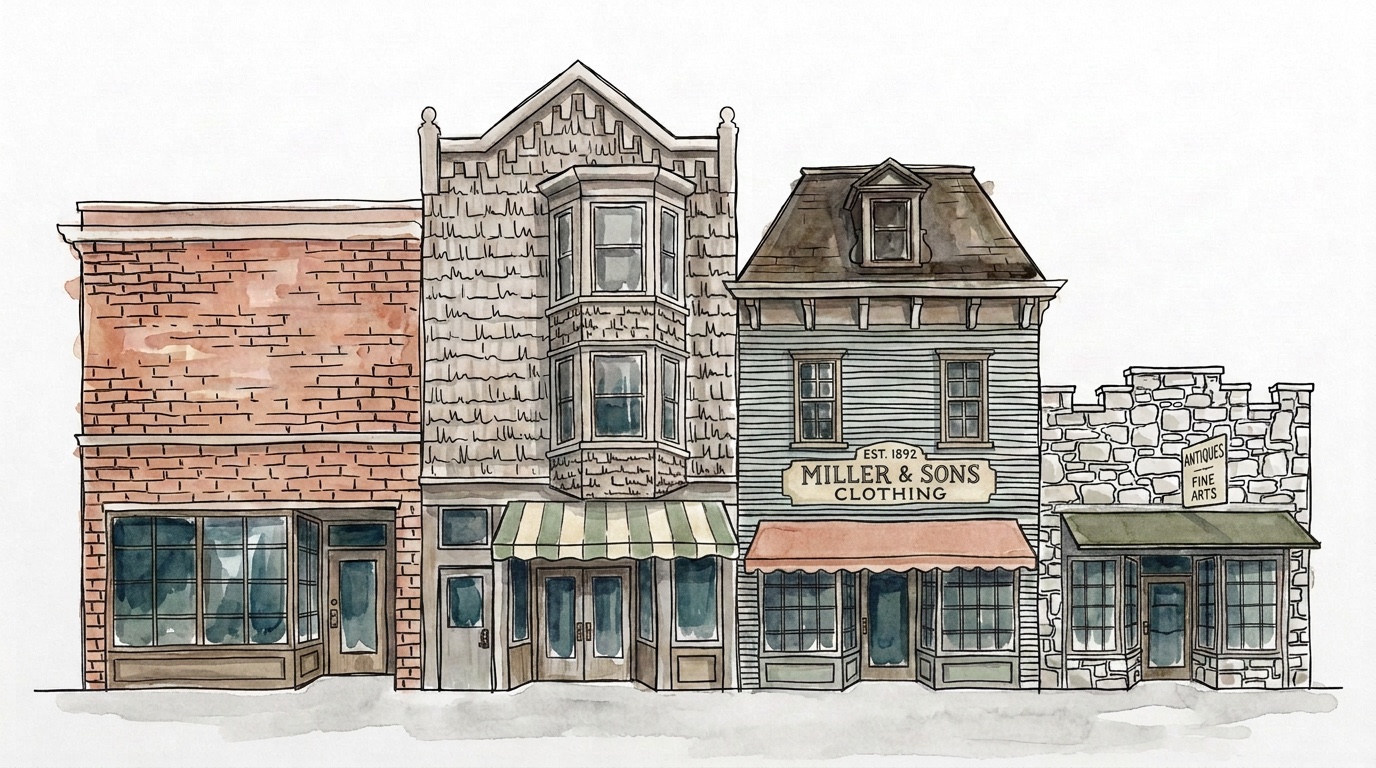 Street elevation with signage and detail