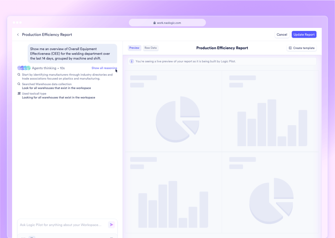 Naologic Report Builder showing AI-generated dashboard from a plain English query