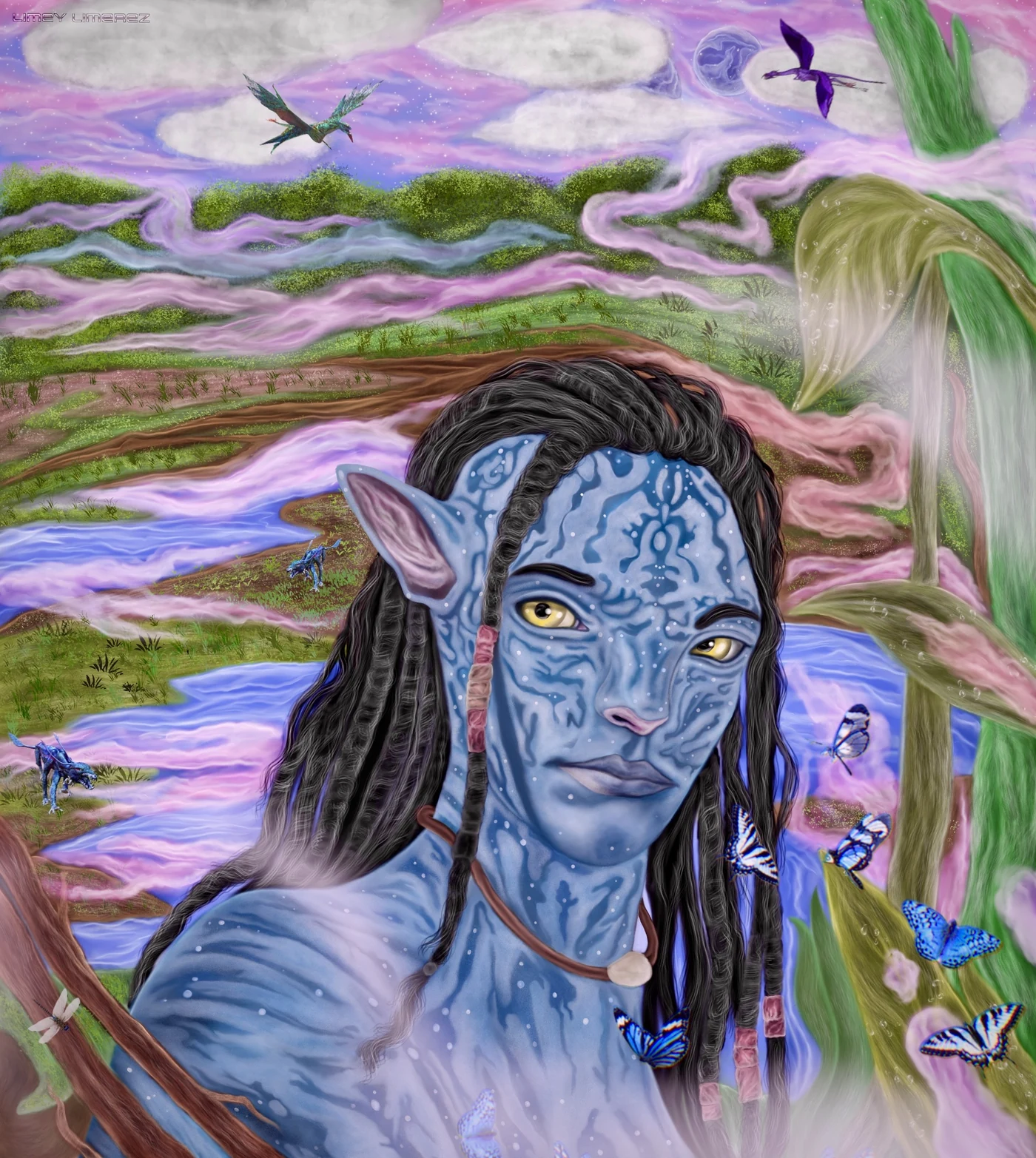 Painting of a blue-skinned Na'vi before a pink and green alien landscape