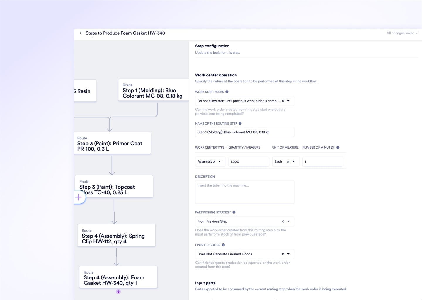Naologic Bill of Materials with resin consumption percentages and routing canvas with mold constraints