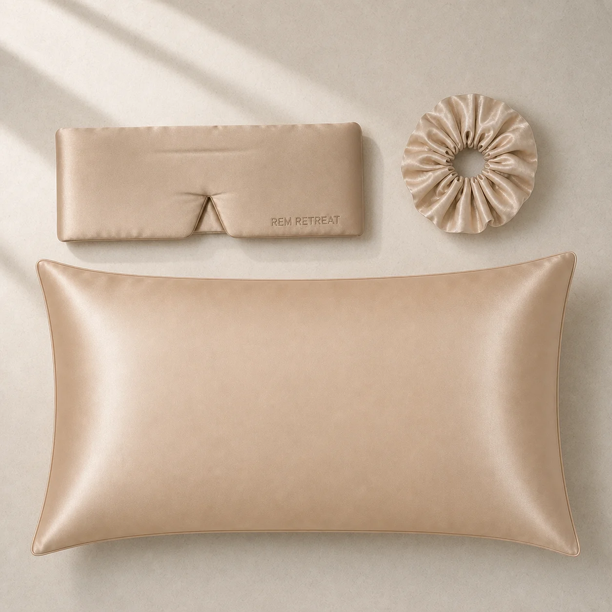 Complete Champagne sleep set on pale limestone in soft window light