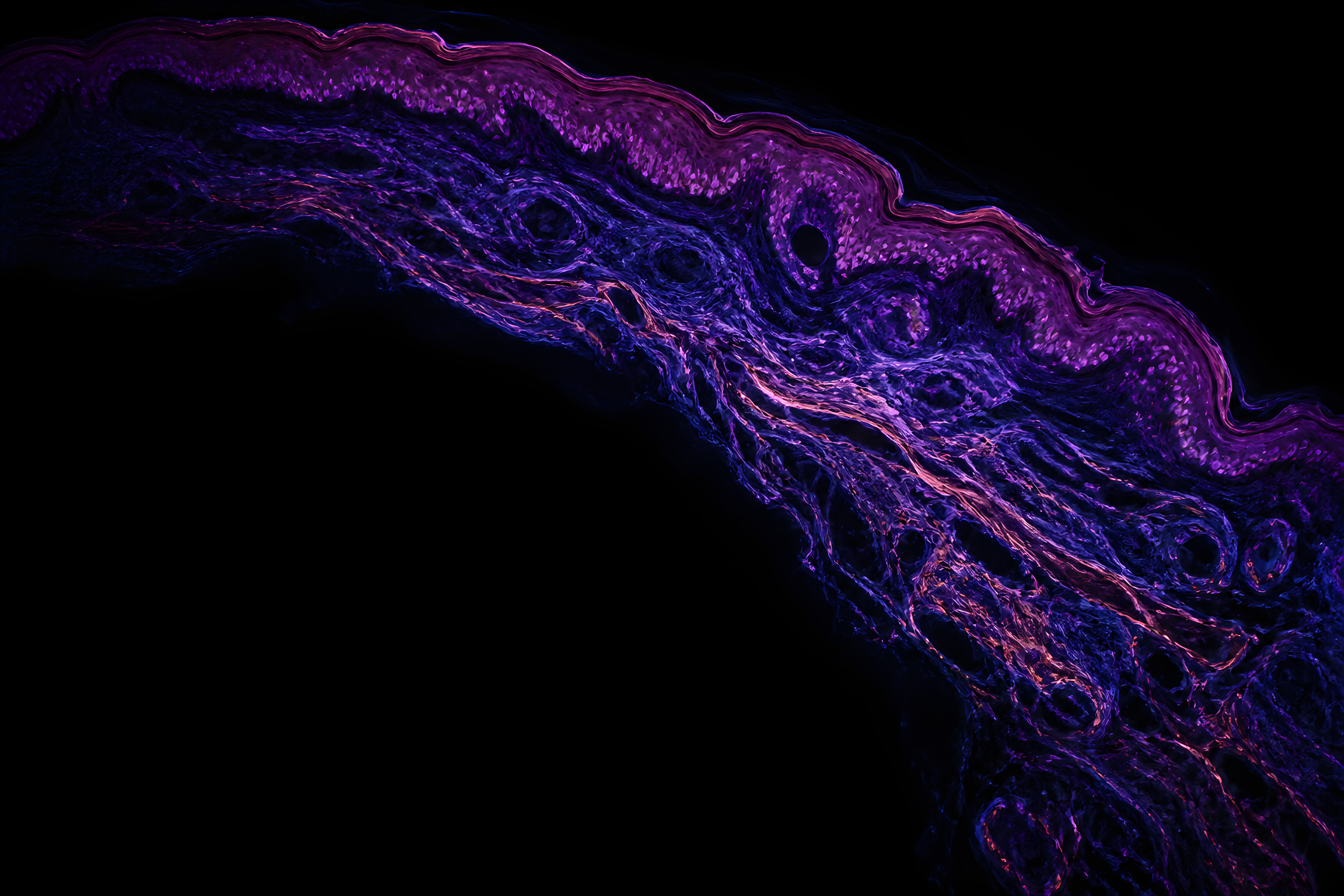 Darkfield fluorescence of human skin on a black field.