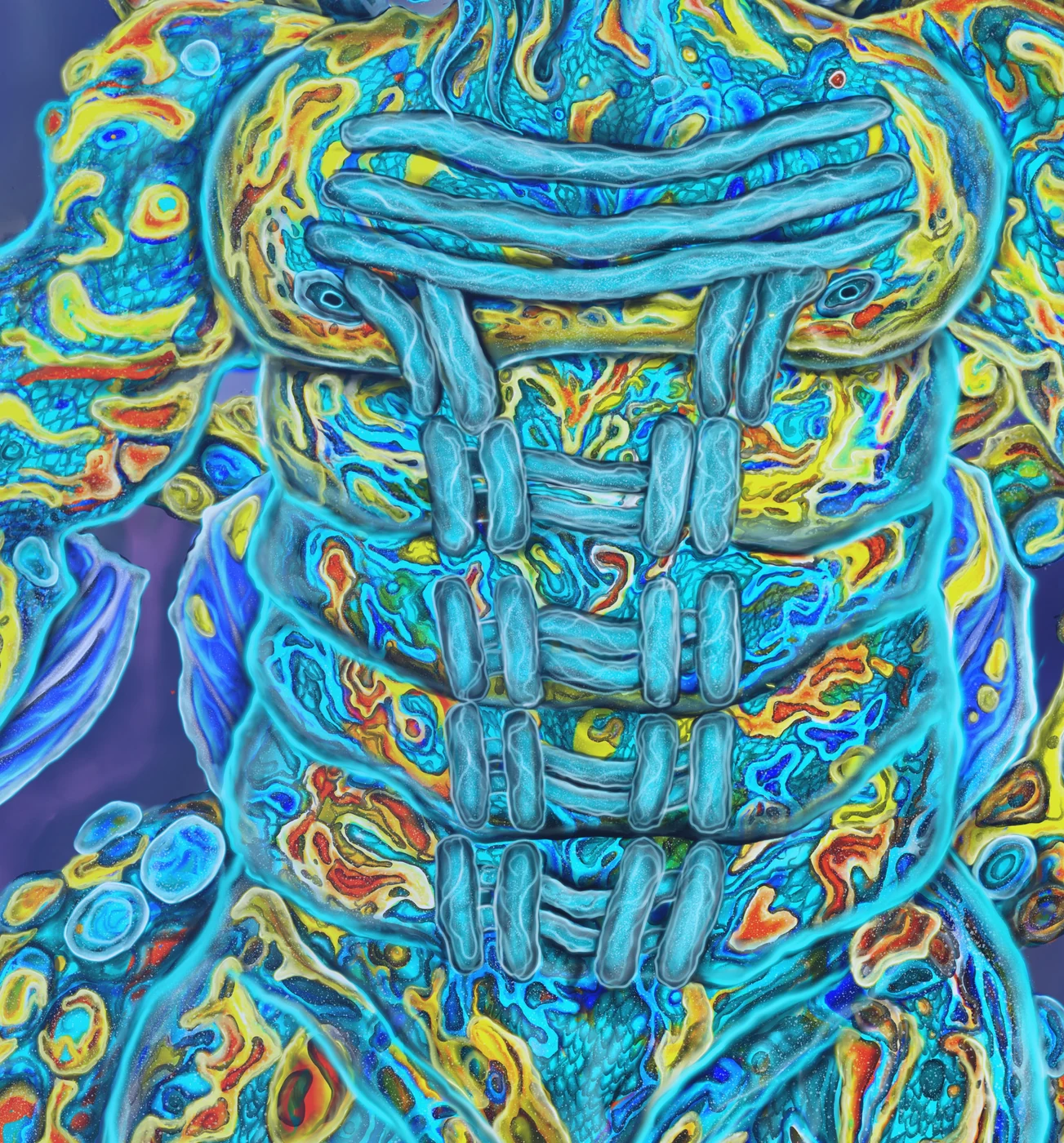 Detail of Gill: the woven ribs of his chest