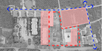 Aerial photo of the site with the redesign area outlined in red