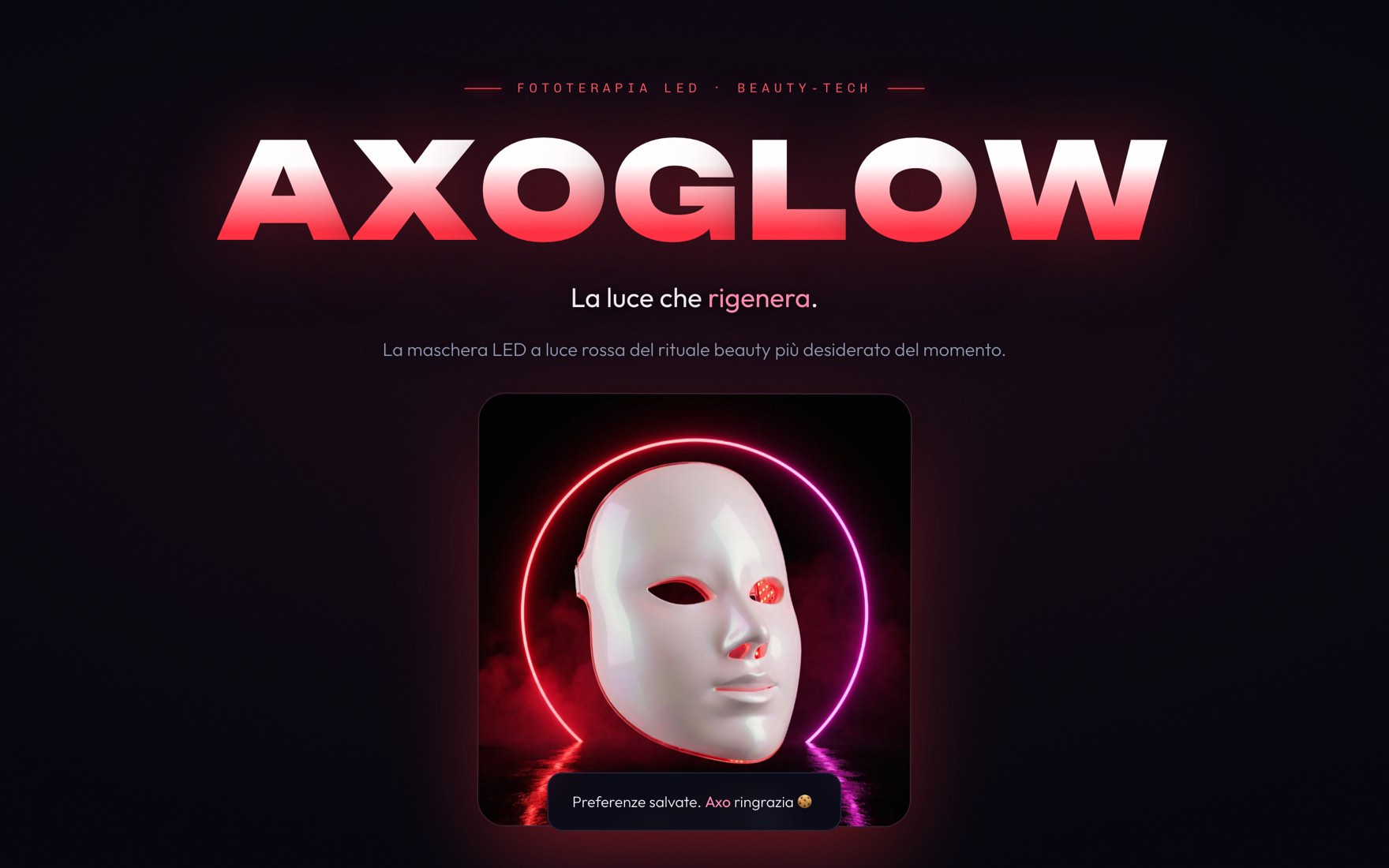 Sito AXOGLOW: maschera LED bianca dentro un cerchio di neon rosso su fondo nero