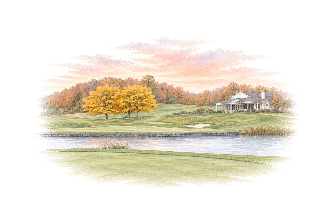 A delicate watercolor golf course, with a white veranda clubhouse, two golden autumn trees, and a green across a pond beneath a pastel sky.