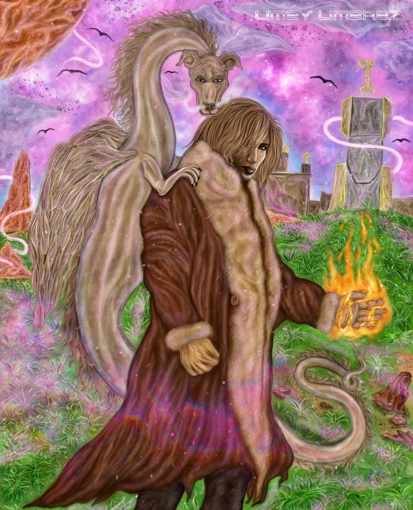 Painting of a man in a fur coat with a winged dog-serpent on his shoulder