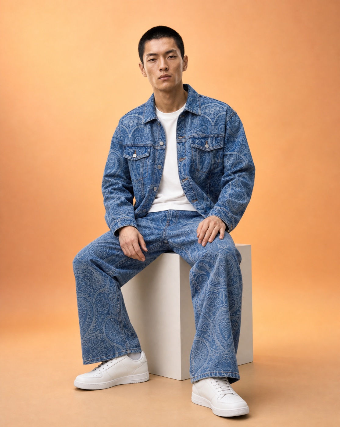 Model seated on a pale block in a blue paisley denim jacket and matching trousers in a warm studio.