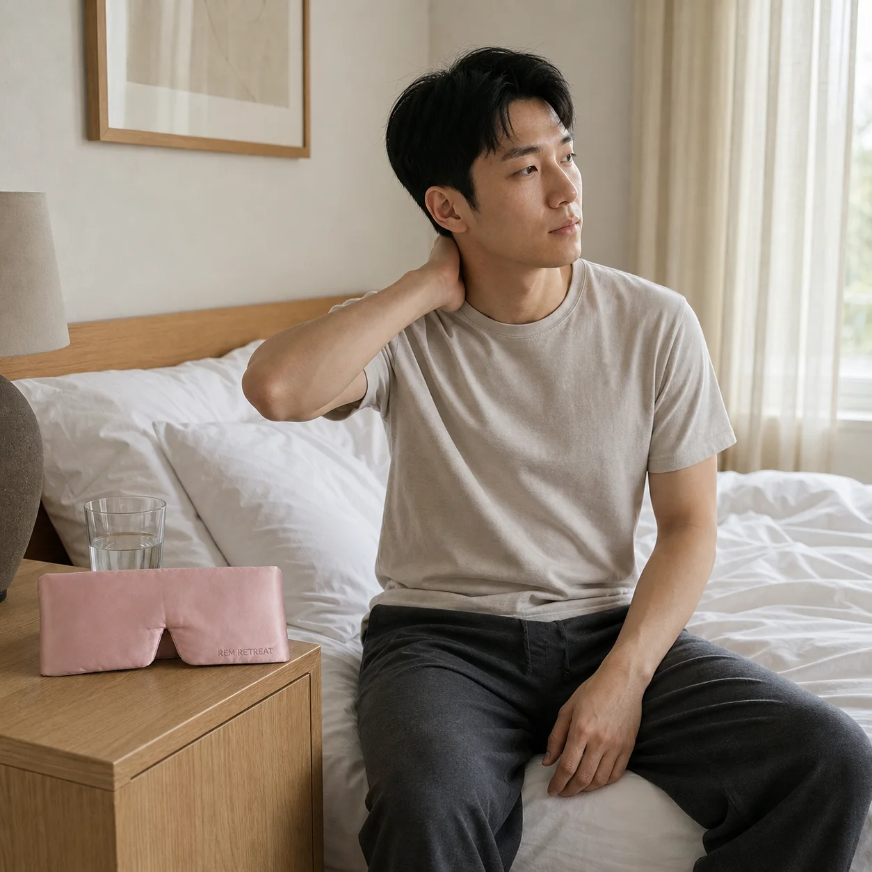 Jun waking slowly, the Hush Pink mask on the bedside table in first light