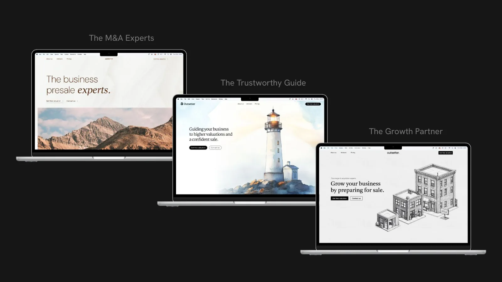 Outsetter’s three brand routes as three website mockups on laptops: The M&A Experts, The Trustworthy Guide and The Growth Partner