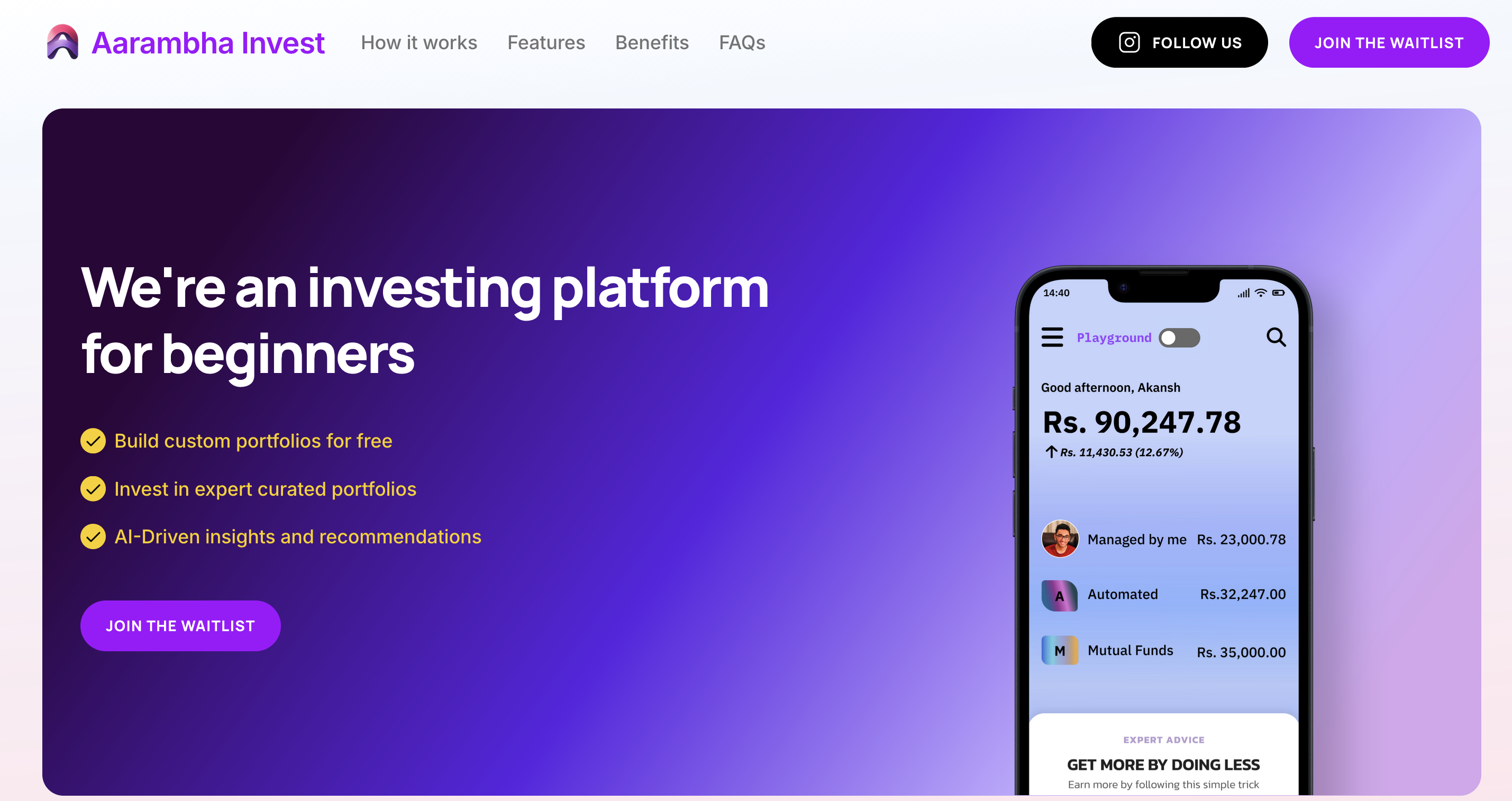 Aarambha-invest website homepage built with Framer
