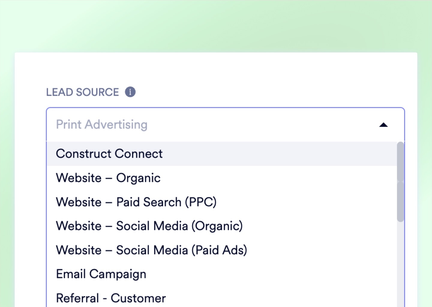 API lead sourcing configuration panel