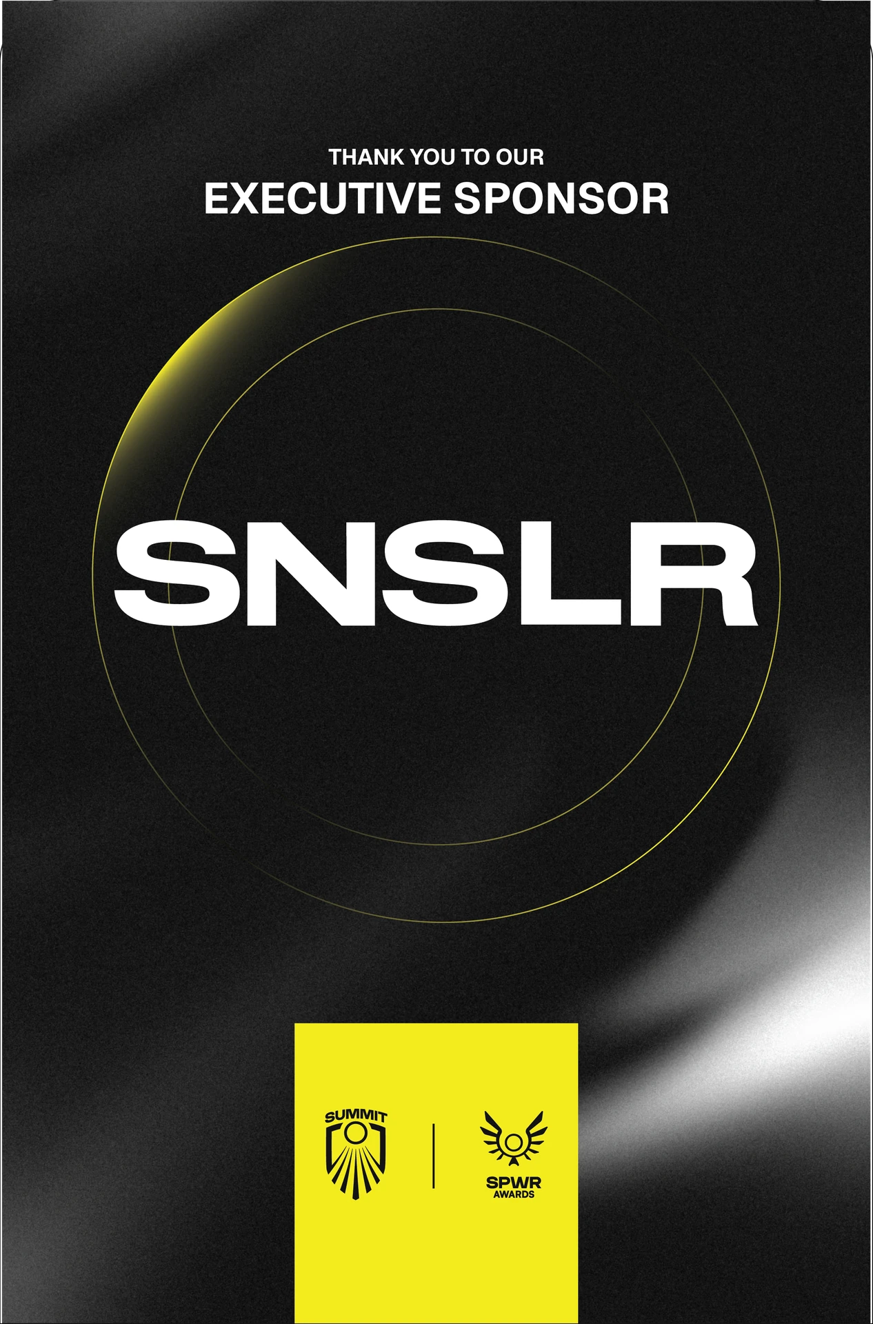 Executive sponsor banner using the event’s yellow circular motif and black textured background.