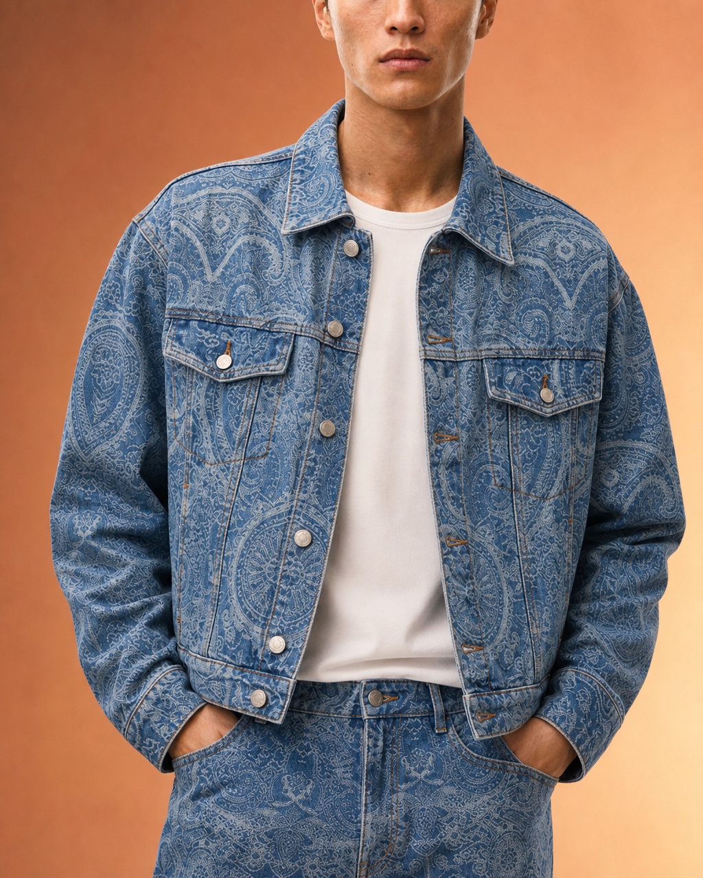 Chest-up studio portrait of the model, hands in the pockets, in a blue paisley denim jacket over a white t-shirt in a warm studio.