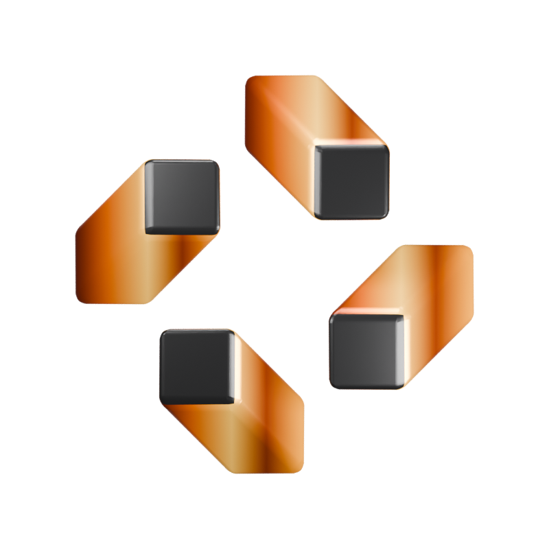Quatro blocos pretos e dourados em movimento orbital
