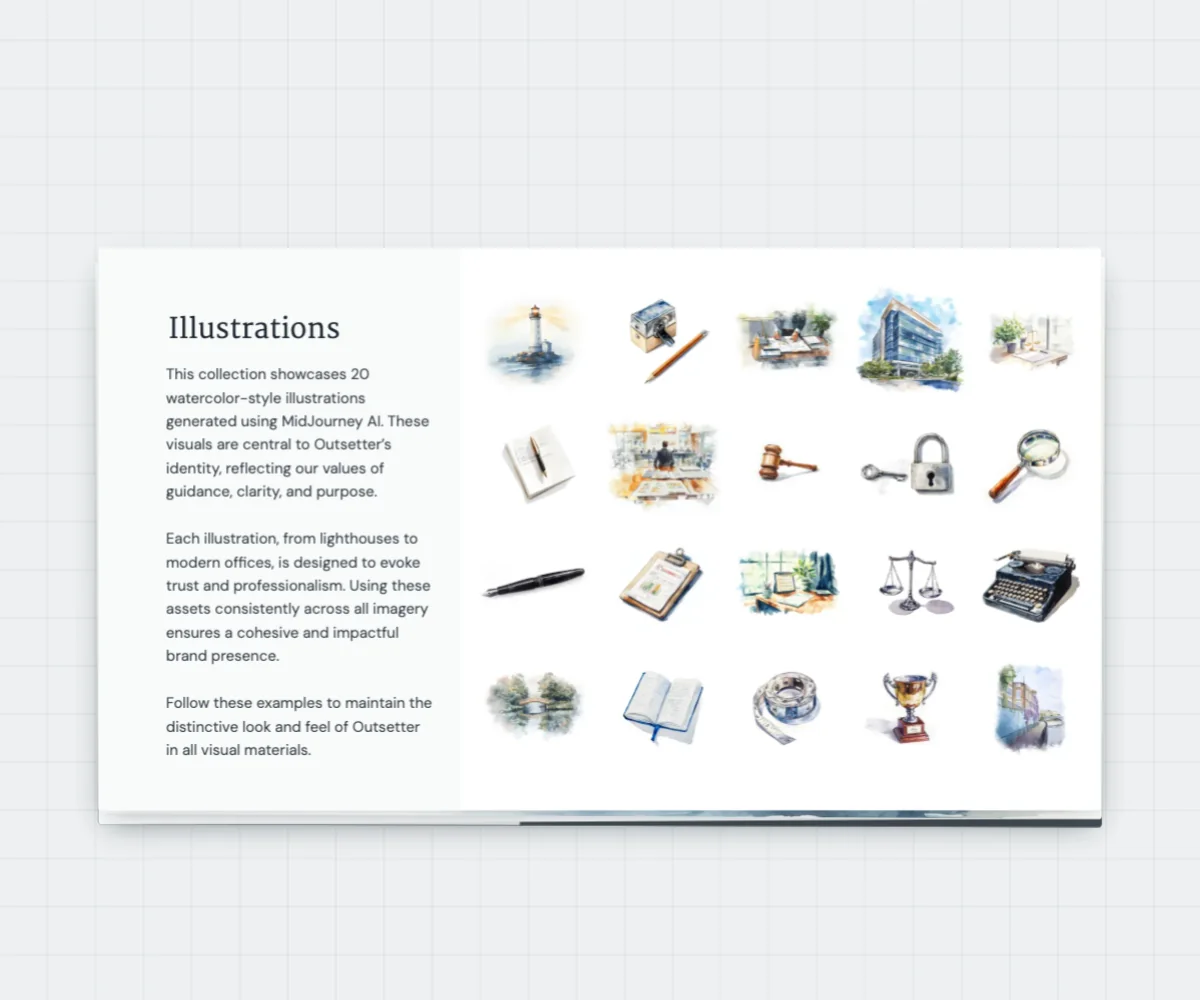 Outsetter style guide page with the watercolour illustration set