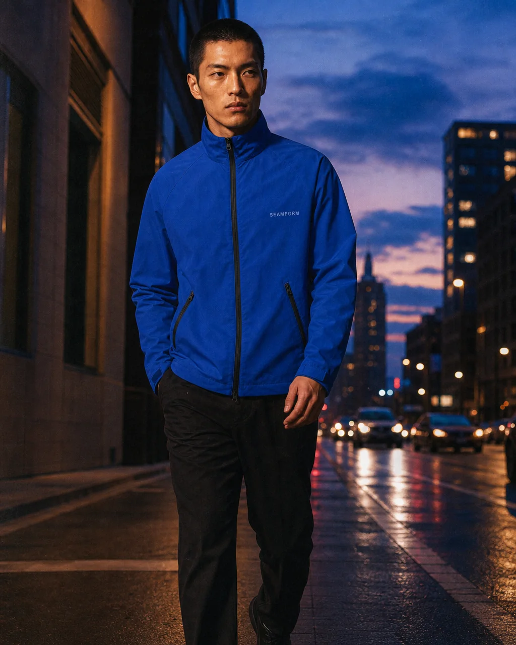 A model walking a city street at dusk in the SEAMFORM SF-01.