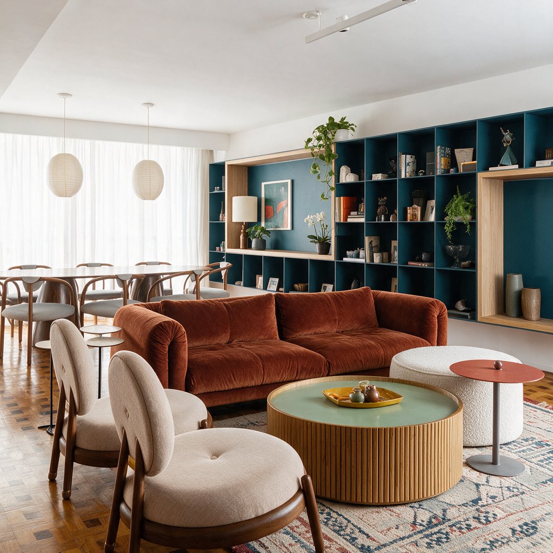 Sala com estante azul-petróleo e sofá de veludo terracota, renderizada com IA