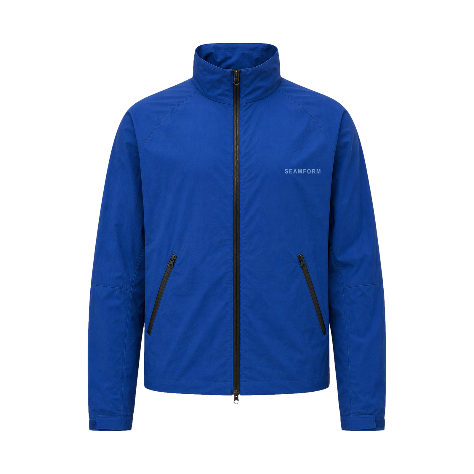 SEAMFORM SF-01 weather shell, front view in Deep Signal Blue on white.