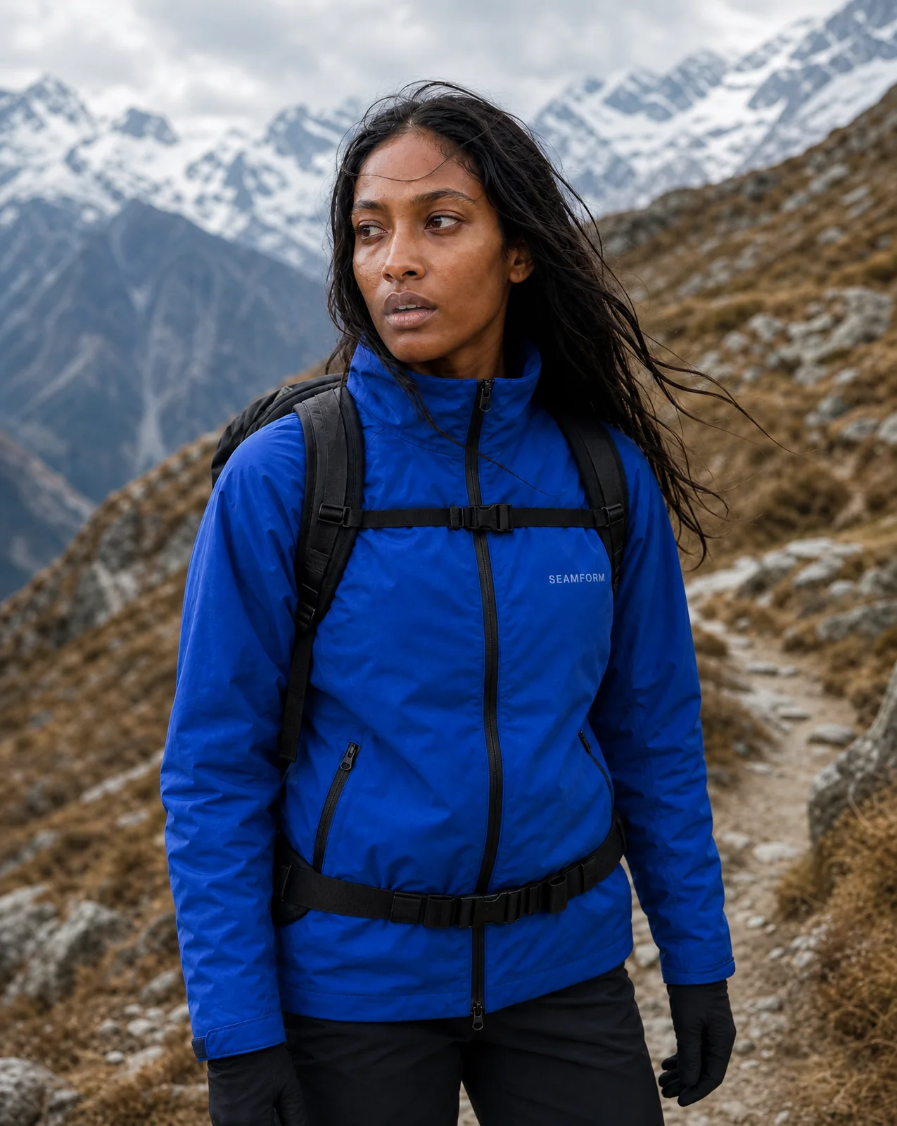 A hiker on a mountain trail in the SEAMFORM SF-01.