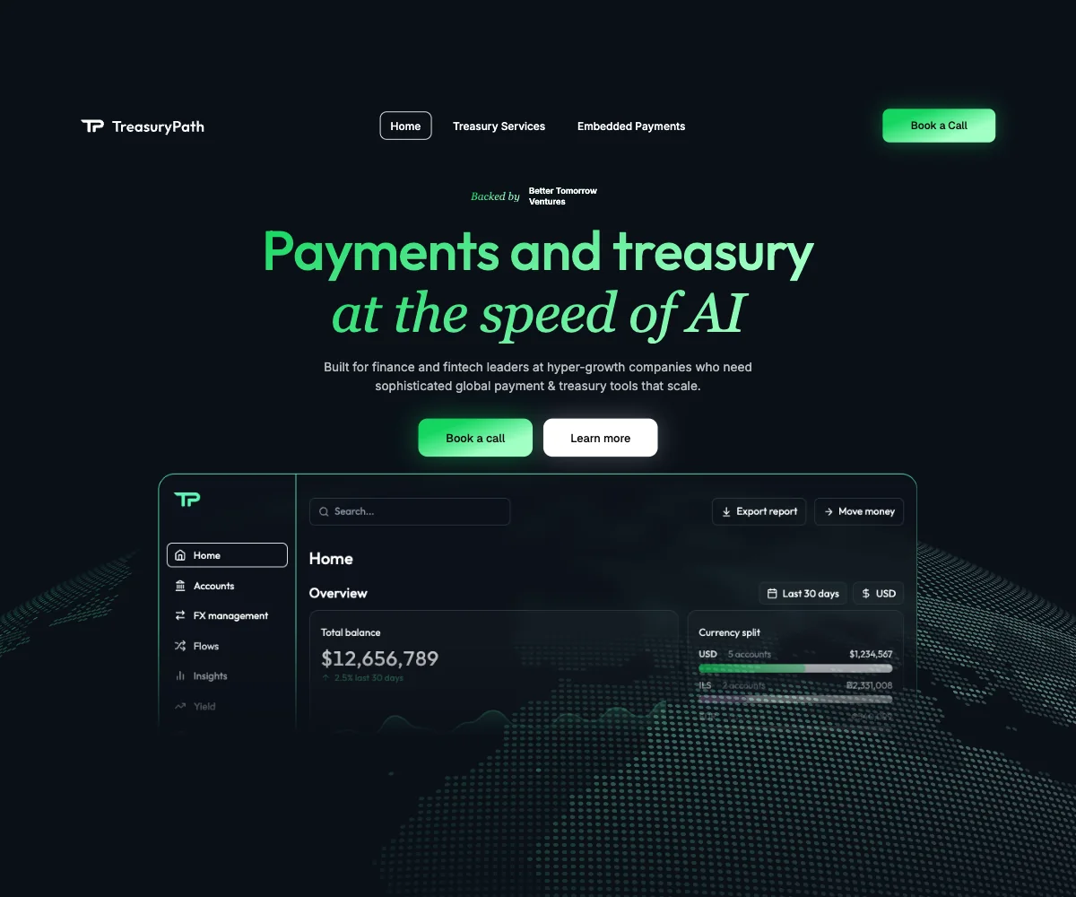 TreasuryPath homepage design: Payments and treasury at the speed of AI, above a product dashboard on a dotted globe
