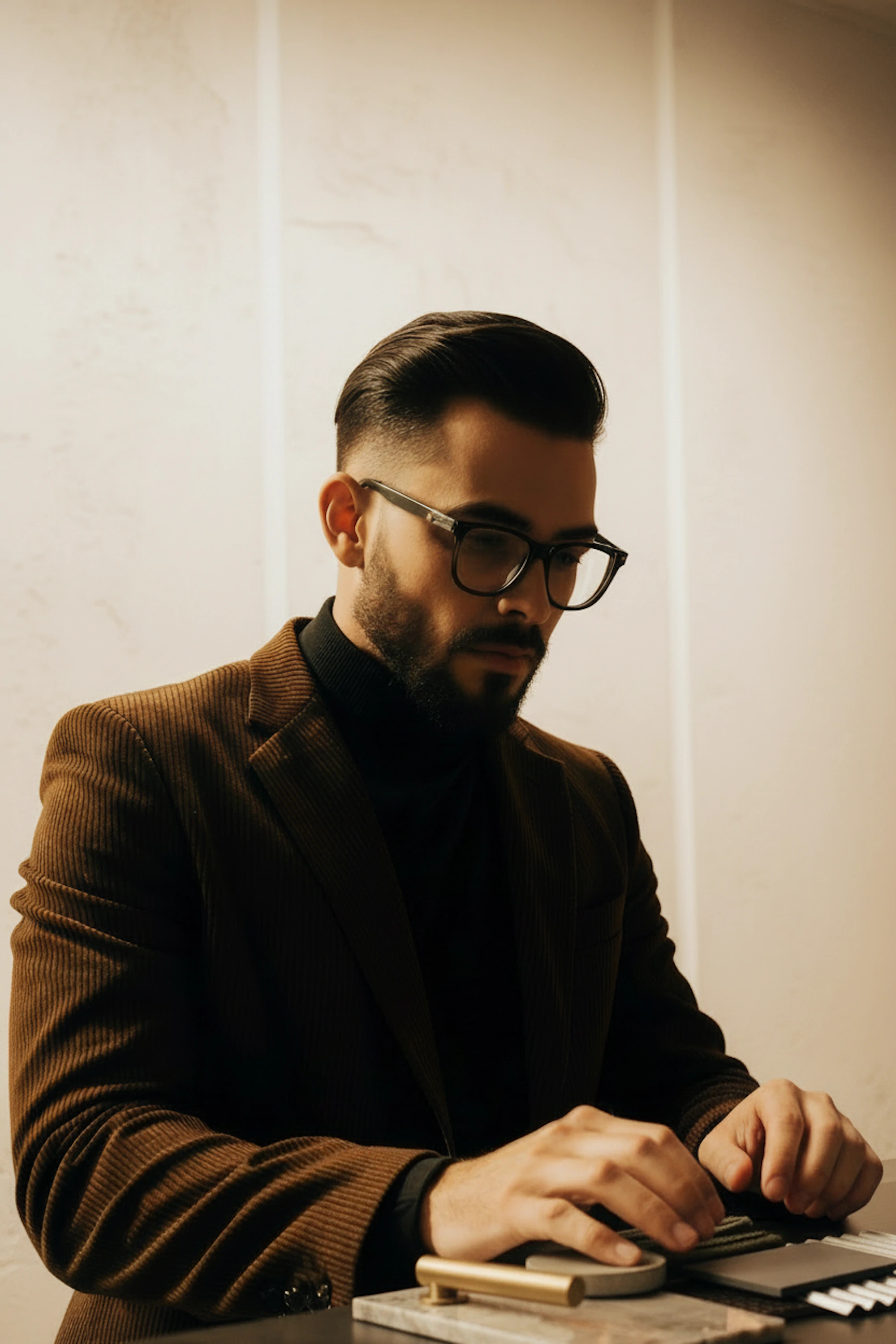 Designer sketching at a desk, lit by dramatic warm lighting with textured materials nearby.