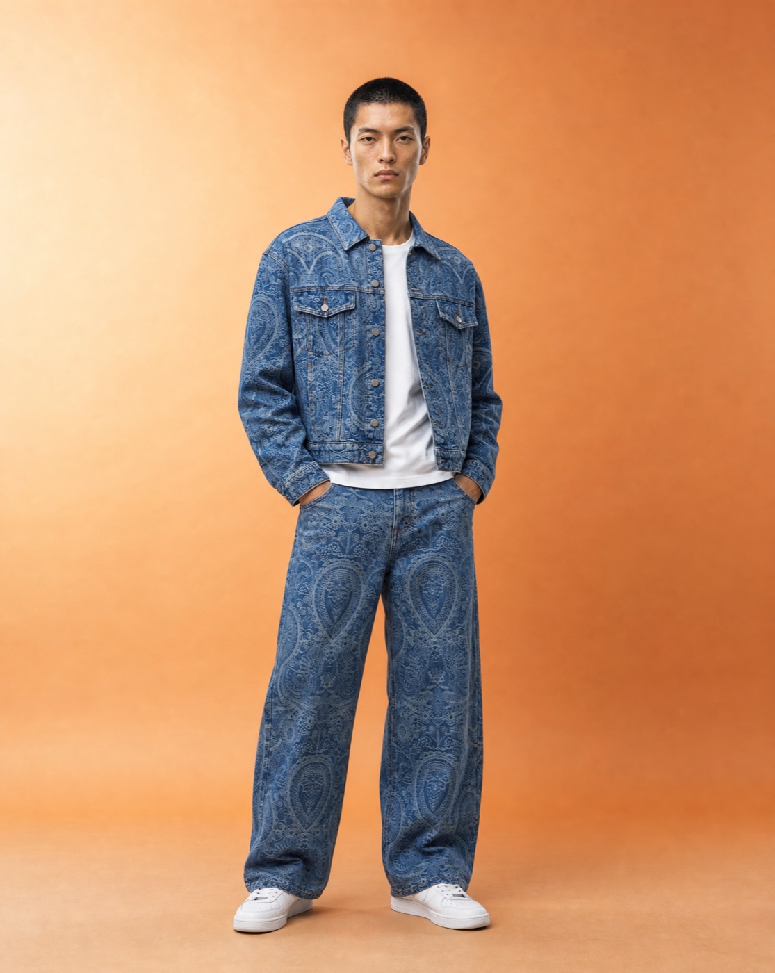 Model standing straight on with both hands in the pockets in a blue paisley denim jacket and matching trousers in a warm studio.