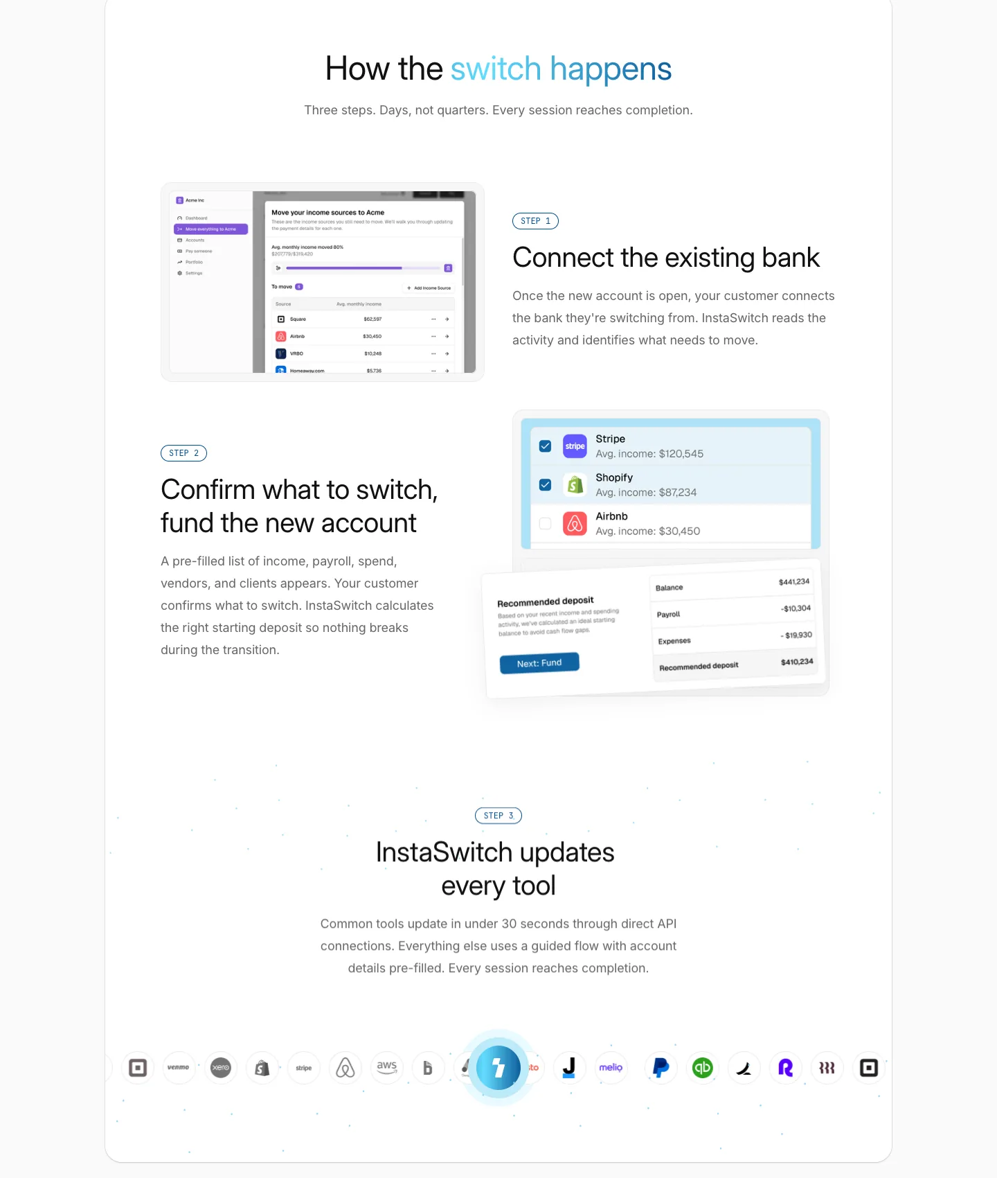 InstaSwitch website section showing the three switching steps with product UI