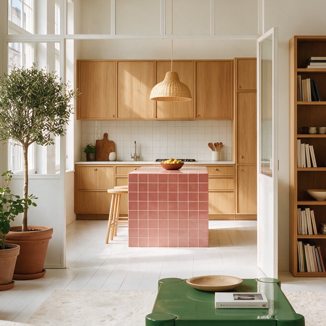 Cozinha com ilha de azulejo rosa e marcenaria em madeira, renderizada com IA