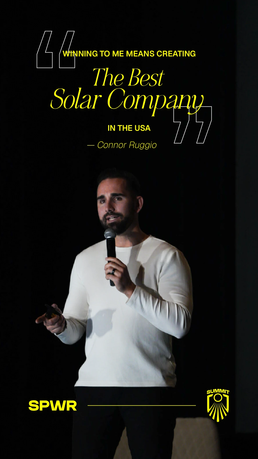 Speaker quote graphic combining event photography, yellow type and the existing Summit emblem.