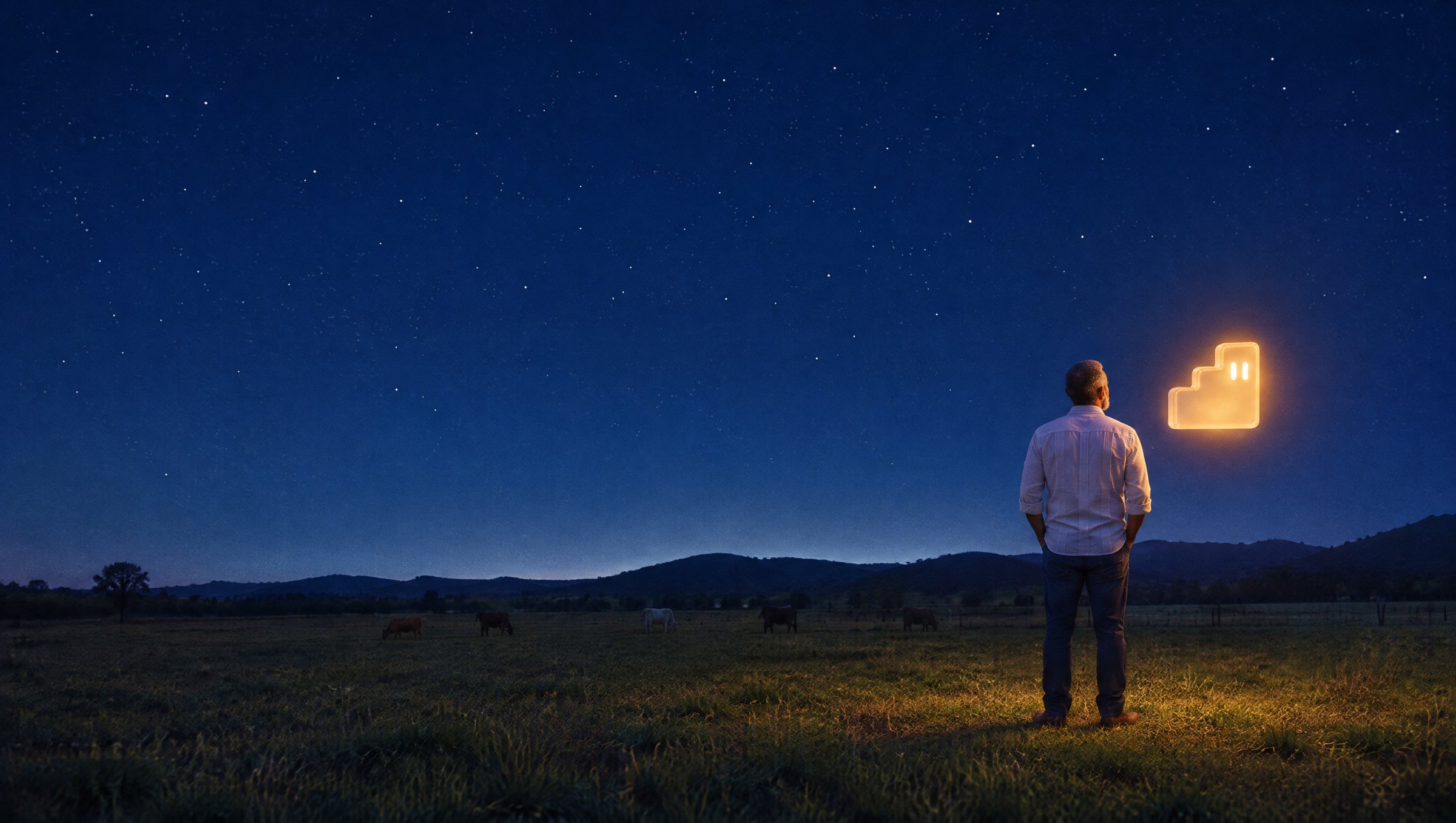 De noche, el dueño de una distribuidora mira las estrellas en un potrero; a su lado, el agente de vidrio ámbar encendido