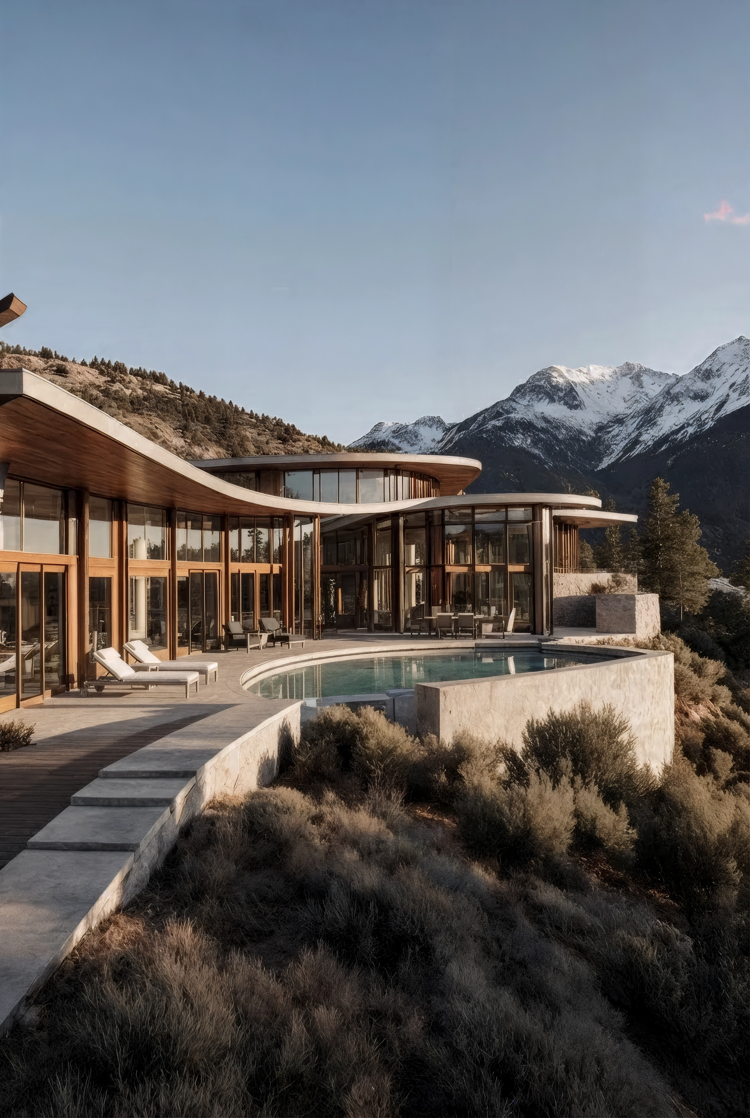Mountain modern residence with curved roofline, expansive glazing, and a terraced landscape overlooking alpine views.
