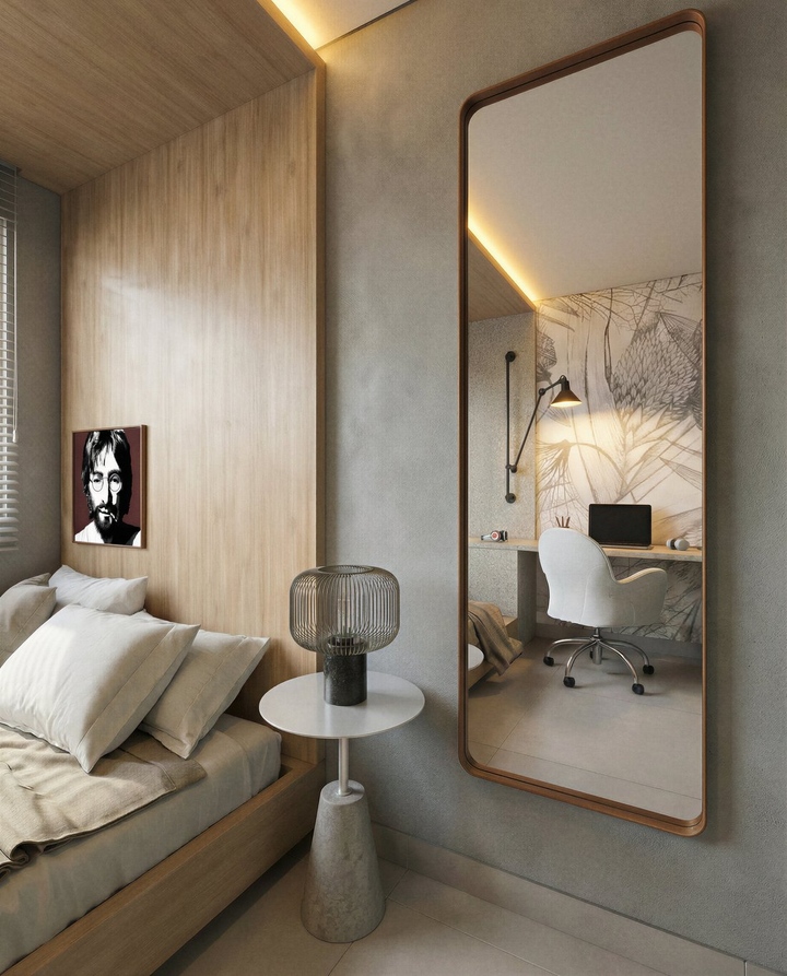 Quarto com espelho grande refletindo o home office