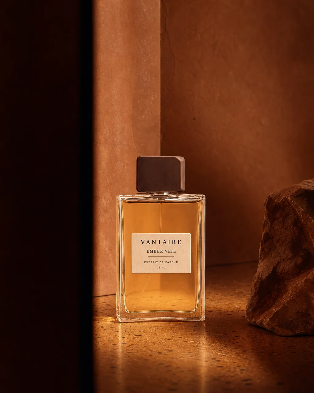EMBER VEIL beside a raw mineral stone.