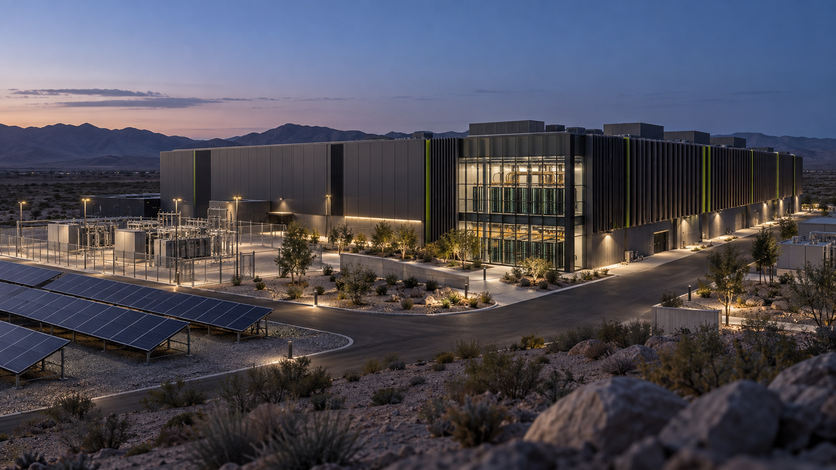 Architectural concept of a data centre with solar generation and electrical infrastructure at dusk