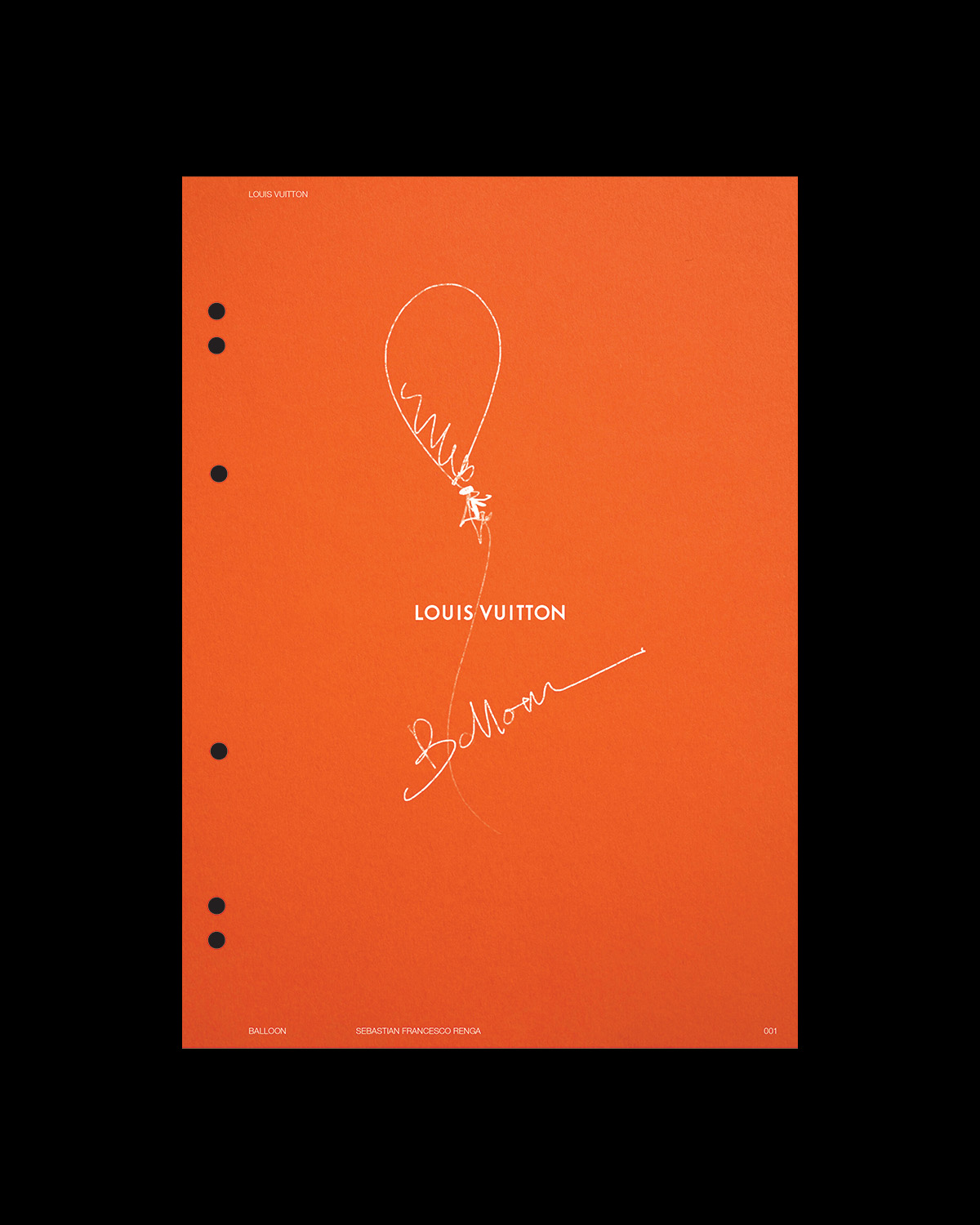 Project Baloon for Louis Vuitton — orange booklet cover with hand-drawn balloon illustration and white embossed signature.