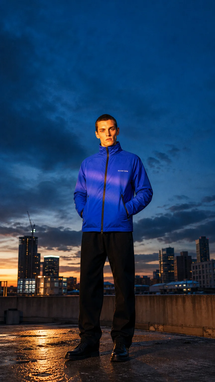 A model full length on wet ground against the city skyline in the SEAMFORM SF-01.